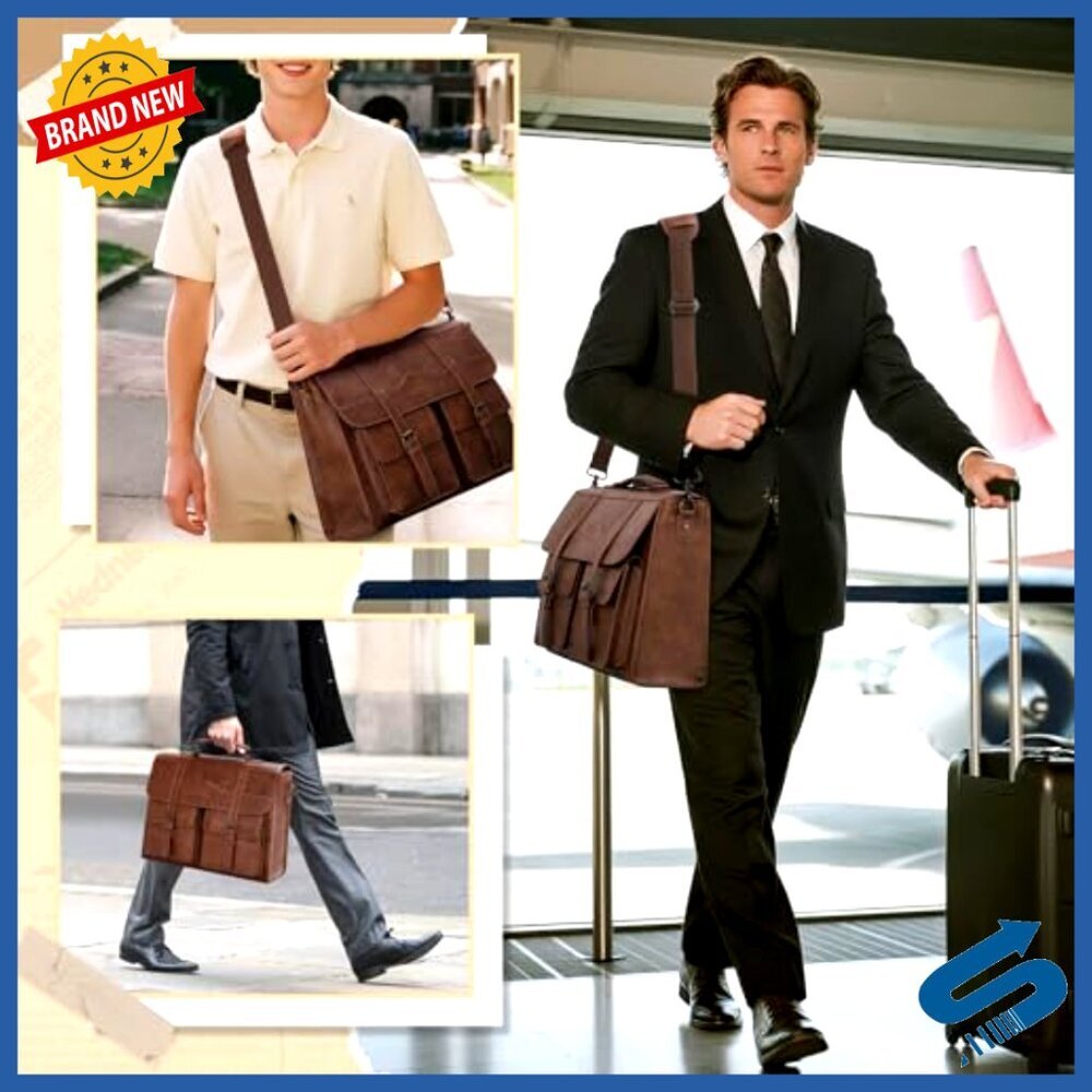 Vintage Leather Messenger Bag Large Satchel Laptop Briefcase Magnetic Closure - Picture 2 of 7